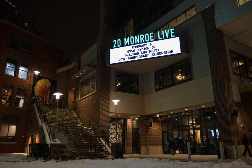 20 Monroe Live marquee signage stating "GVSU Division of Inclusion and Equity 10th Anniversary Celebration"